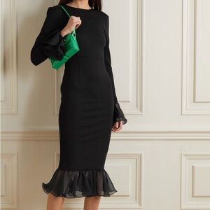 ROTATE Birger Christensen Irena Black Open Back Midi Dress Chiffon Trim